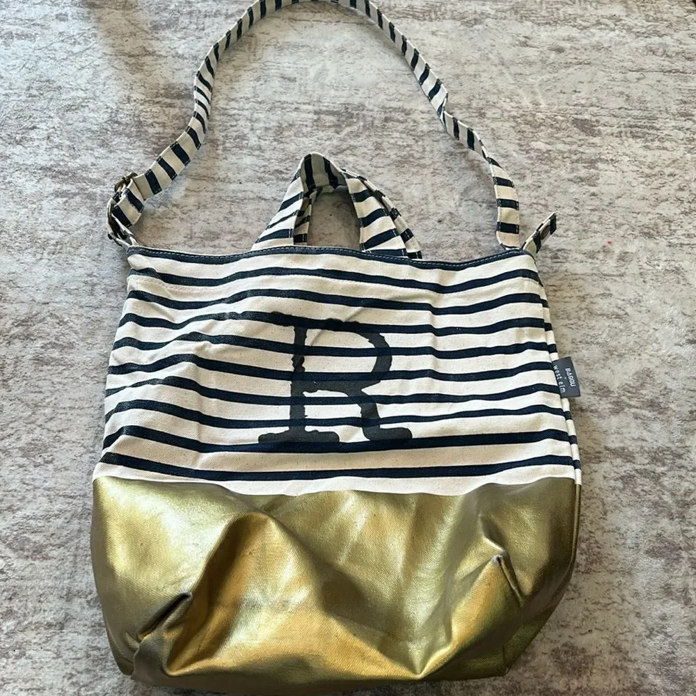 Baggu + West Elm Striped Tote Crossbody strap with gold bottom R painted on